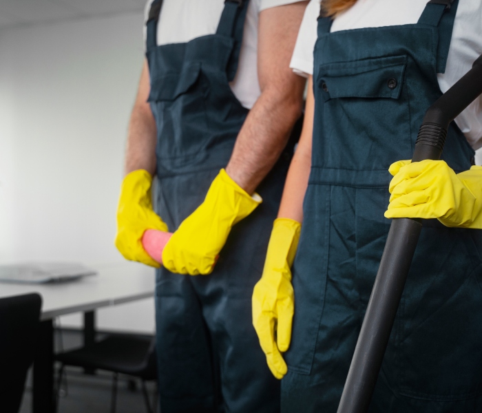 Agents de nettoyage équipés de matériel professionnel